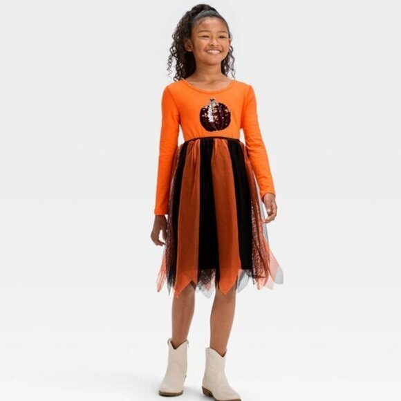 Girls Long Sleeve Flip Sequin Pumpkin Halloween Tulle Dress - Cat & Jack - Picture 4 of 4